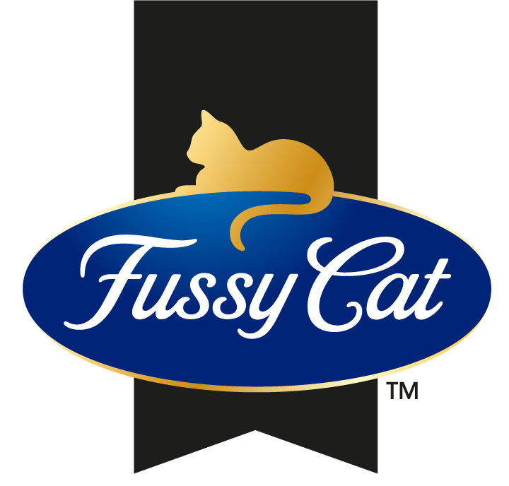 Fussy cat logo in a black and blue banner with cat in logo