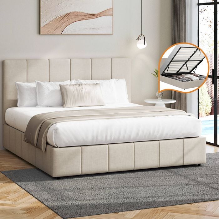Oikiture Bed Frame Gas Lift Beige Fabric- Double