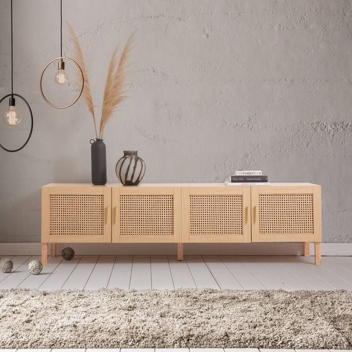 Santiago Entertainment Unit - Oak Rattan Design With Open Storage Oak