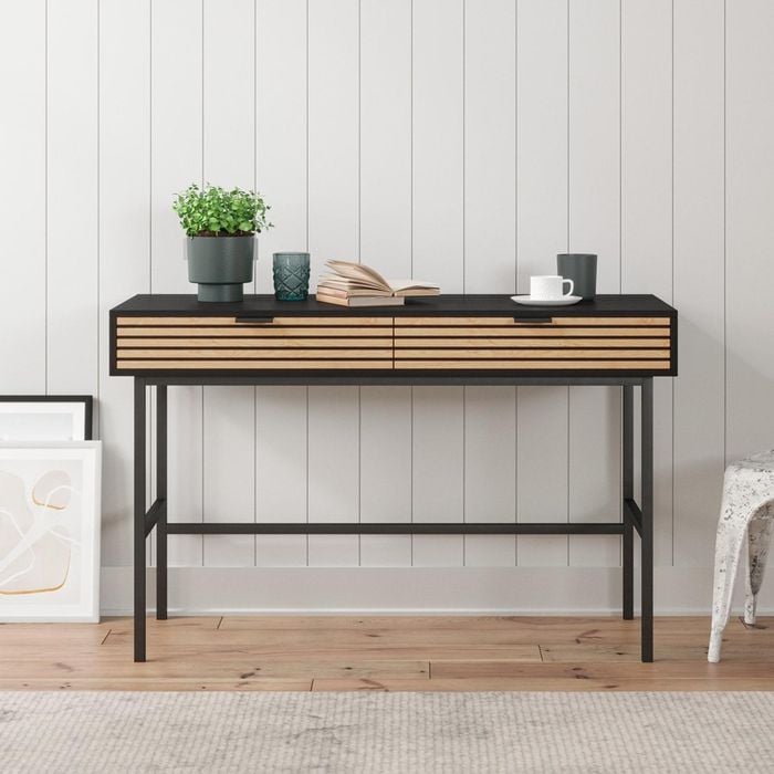 Black Study Desk Console Table with Slatted Drawers