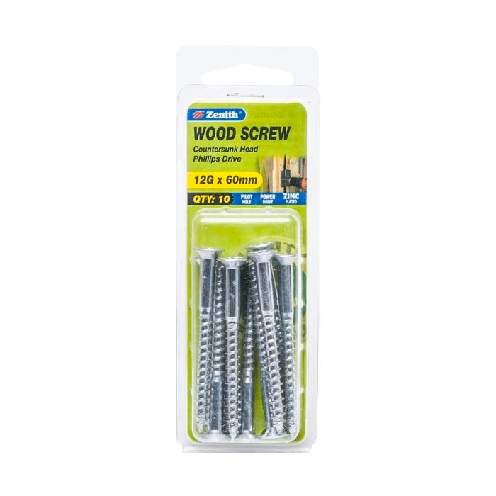 Zenith 12G x 60mm Zinc Plated Wood Screw - 10 Pack