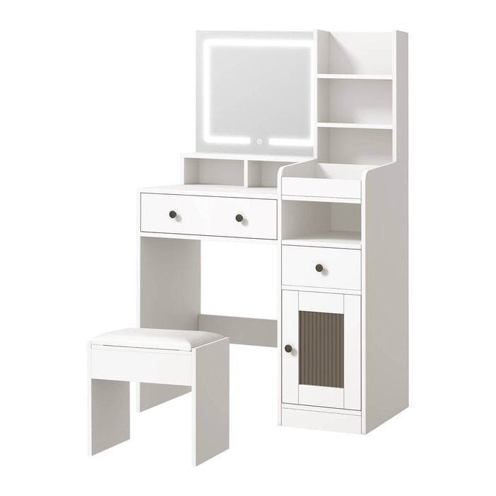 Oikiture Dressing Table Stool Set Vanity Mirror Desk White