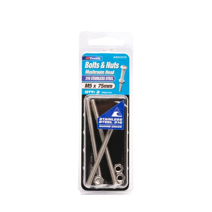 Zenith Bolt & Nut M 5x 75mm Mushroom Head SS316 3pk