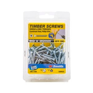 Zenith 8G x 30mm Zinc Plated Hinge-Long Thread Countersunk Head Timber Screws - 100 Pack