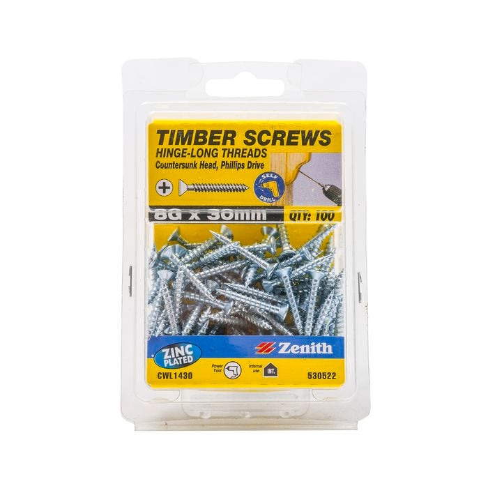 Zenith 8G x 30mm Zinc Plated Hinge-Long Thread Countersunk Head Timber Screws - 100 Pack