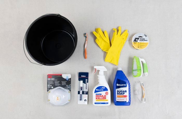 Bucket, gloves, toothbrush, cleaning products and safety equipment laid out.