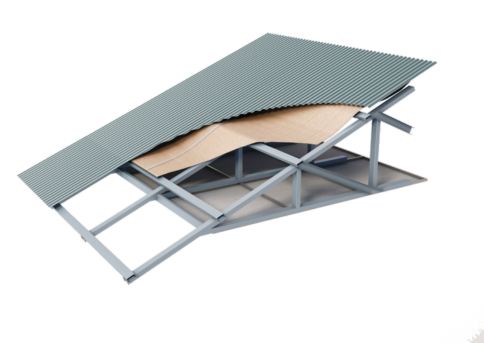 Rendering of roof showing corrugated roofing, insulation and steel frame