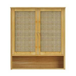 P&P Natural Wood Bamboo Wall Cabinet Double Door Bathroom Storage Unit