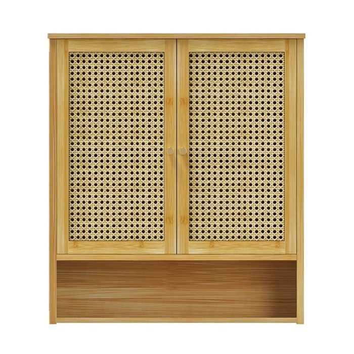 P&P Natural Wood Bamboo Wall Cabinet Double Door Bathroom Storage Unit