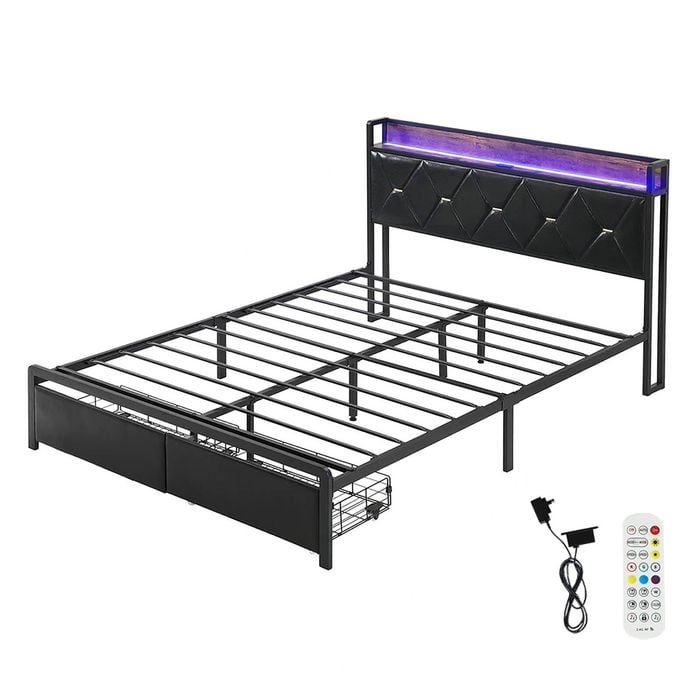 Levede PU Leather LED Metal Bed Frame with USB Charging Queen