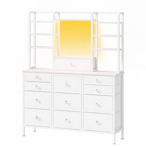 Ufurniture 12-Drawer Dresser with RGB Lights, 2-in-1 Vanity, Open Shelves, White