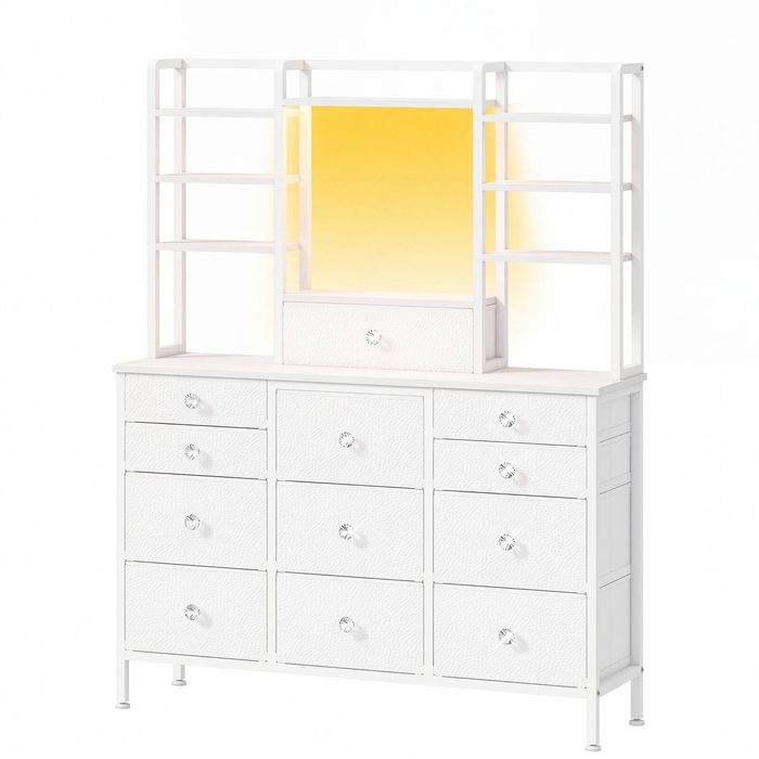 Ufurniture 12-Drawer Dresser with RGB Lights, 2-in-1 Vanity, Open Shelves, White