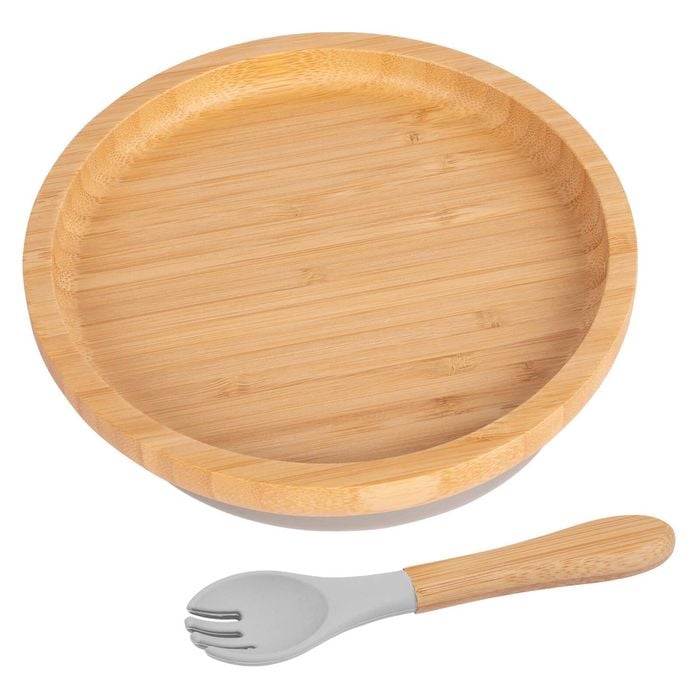 Tiny Dining Bamboo Round Baby Weaning Plate & Fork Set