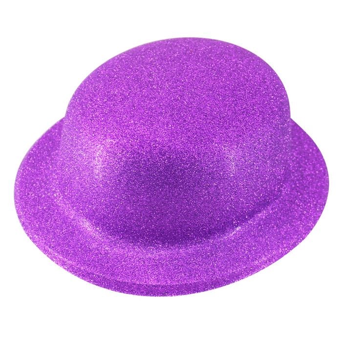 GLITTER BOWLER HAT Fancy Party Plastic Costume Cap Fun Dress Up Sparkle Purple