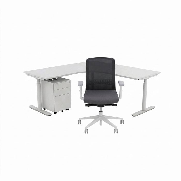 Olg Premium Corner Office Bundle: Agile Motion Plus 1800x1800 Right Sit-stand Desk + Motion Sync Chair + Tempo Pedestal White