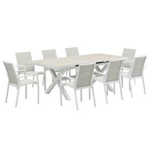 FurnitureOkay Marina-Mosman 9-Piece Ceramic Outdoor Extendable Dining Setting - White