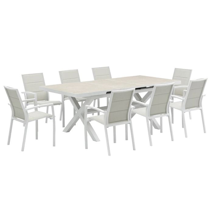 FurnitureOkay Marina-Mosman 9-Piece Ceramic Outdoor Extendable Dining Setting - White