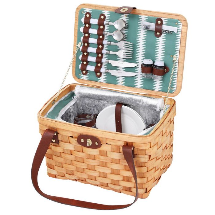 Alfresco Person Picnic Basket Set Wooden Cooler Bag Plates