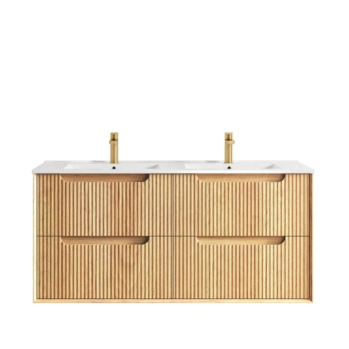 Attica 1200mm English Oak Baia Fluted Vanity with Ceramic Top and Double Basin