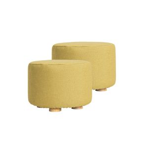 La Bella 2 Set Mustard Yellow Fabric Ottoman Round Wooden Leg Foot Stool