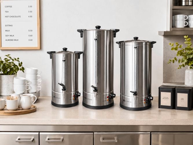 Commercial water urns set up on a café counter