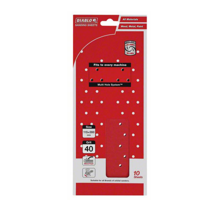 Diablo 115 x 280mm 40 Grit Hook and Loop Multihole Sanding Sheet - 10 Pack