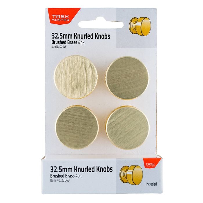 Taskmaster 32.5mm Knurled Brushed Brass Cabinet Knobs - 4 Pack