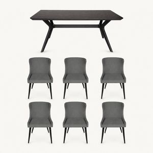 SK Designer Living | 7-Piece Dining Set | Doreen Wood Dining Table 180cm & Osaka Upholstered Dining Chair | Black - Grey Fabric