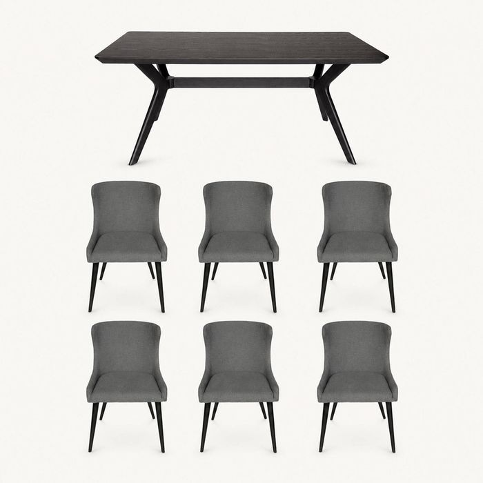 SK Designer Living | 7-Piece Dining Set | Doreen Wood Dining Table 180cm & Osaka Upholstered Dining Chair | Black - Grey Fabric
