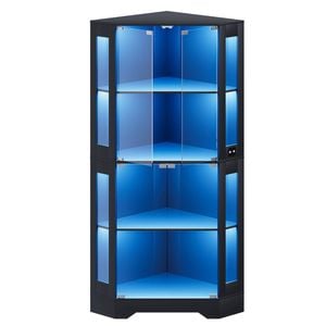 Ufurniture 160cm Display Storage Cabinet With Sensor Led Lights And Glass Doors 4-tier Shelves Bookcase Black