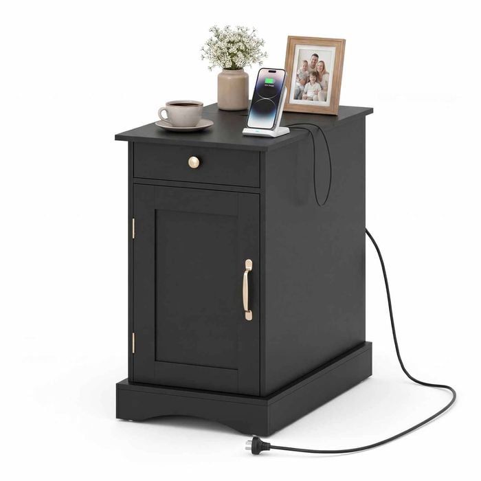 Costway Bedside Table End Cabinet Nightstand Charging Drawer Black