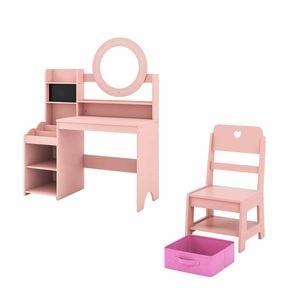 Costway Kid Mirror Vanity Desk Pretend Makeup Dressing Table Chair Pink