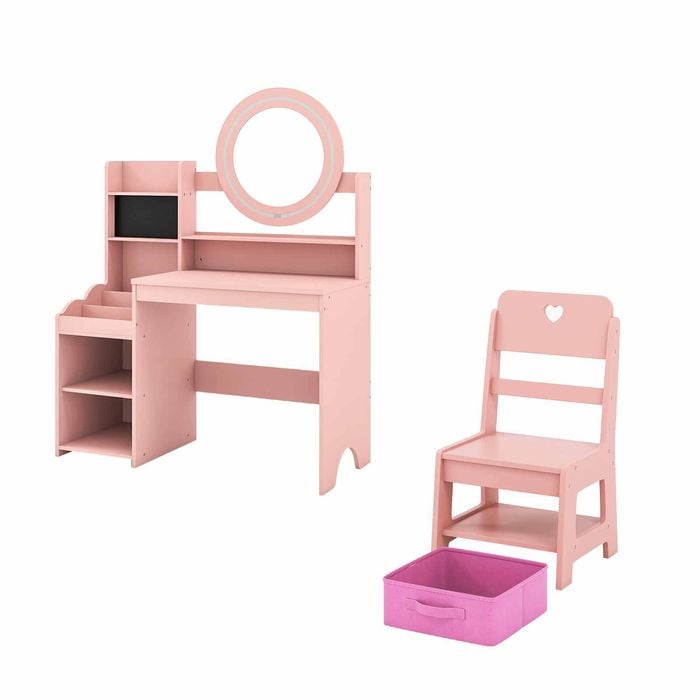 Costway Kid Mirror Vanity Desk Pretend Makeup Dressing Table Chair Pink