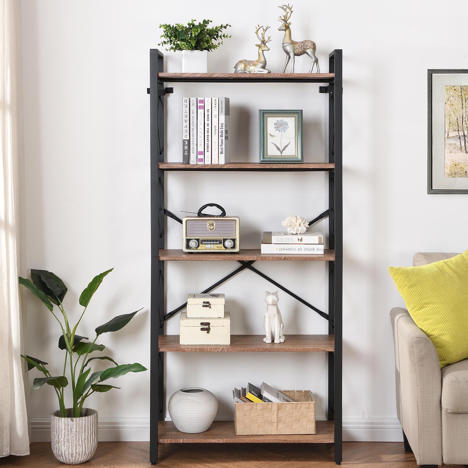 HOMFURN 5 Tier Industrial Bookshelf and Bookcase Rustic Wood and Metal Shelving Unit Brown Bunnings Australia