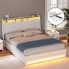 HOMFURN Double LED Gas-Lift Storage Bed Frame – White PU Leather