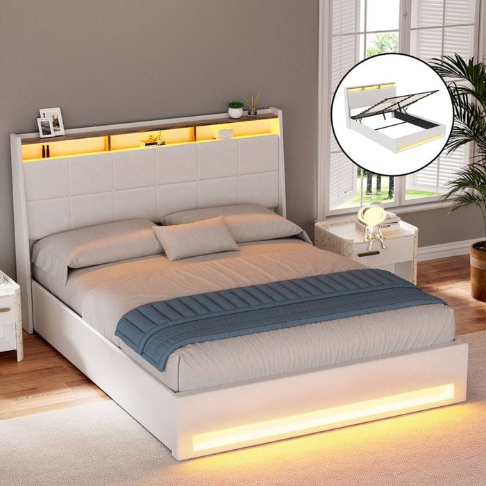 HOMFURN Double LED Gas-Lift Storage Bed Frame – White PU Leather