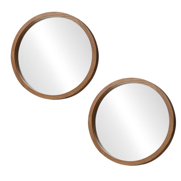 Oikiture Wall Mirrors Round Home Decor 70cm Walnut Set Of 2