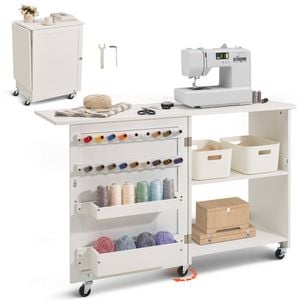 VEVOR Folding Sewing Table White with Compact Design Storage Trays Wooden Pegs