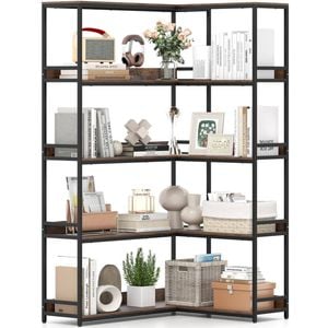 Costway 180cm Corner Bookshelf 5-tier L-shaped Utility Shelves Brown