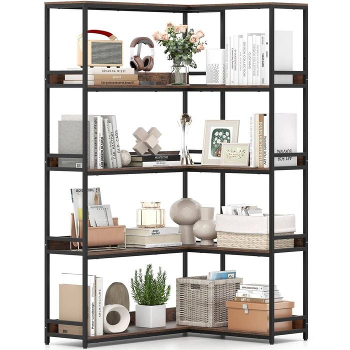 Costway 180cm Corner Bookshelf 5-tier L-shaped Utility Shelves Brown