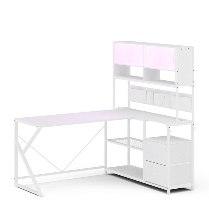 Advwin L Shaped Gaming Desk with LED Lights & Power Outlets Reversible 130cm Computer Desk with Display Cabinet White