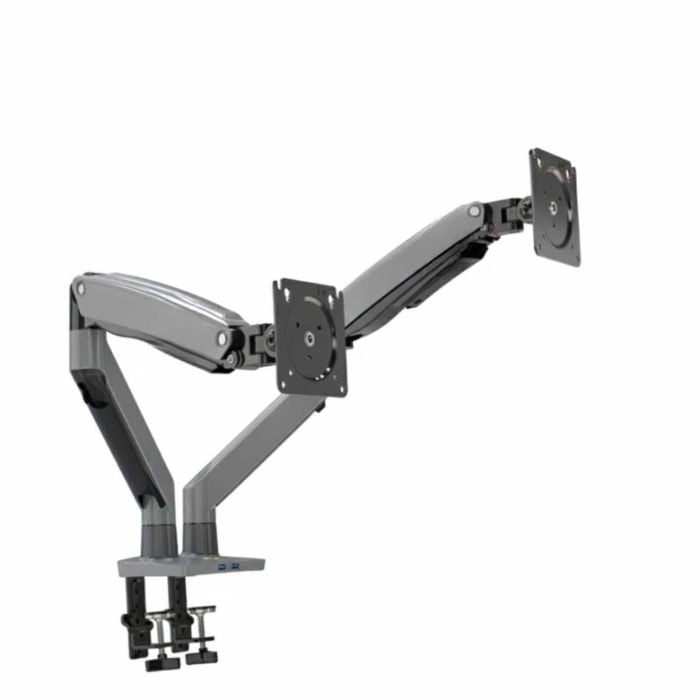 P&P Black Dual Screen Desktop Monitor Arm With Gas Spring Extension USB Ports And Full Motion Control