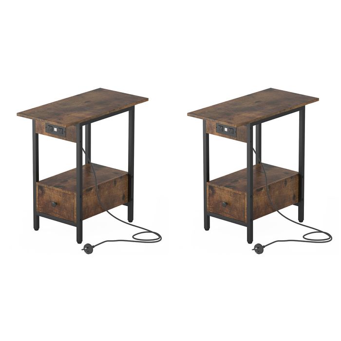Ufurniture 2PCS Side Table with Charging Station Sofa End Table Walnut