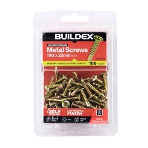 Buildex 10G x 22mm Gold Passivated Sheet Metal Screws - 100 Pack