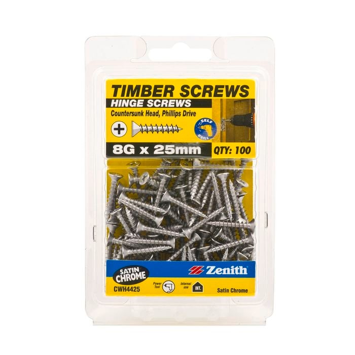 Zenith 8G x 25mm Satin Chrome Countersunk Head Timber Hinge Screws - 100 Pack