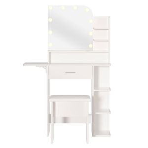Ufurniture Dressing Table Makeup Vanity Desk Set With Foldable Extendable Desktop 3 Color Lighted Mirror & Soft Stool White