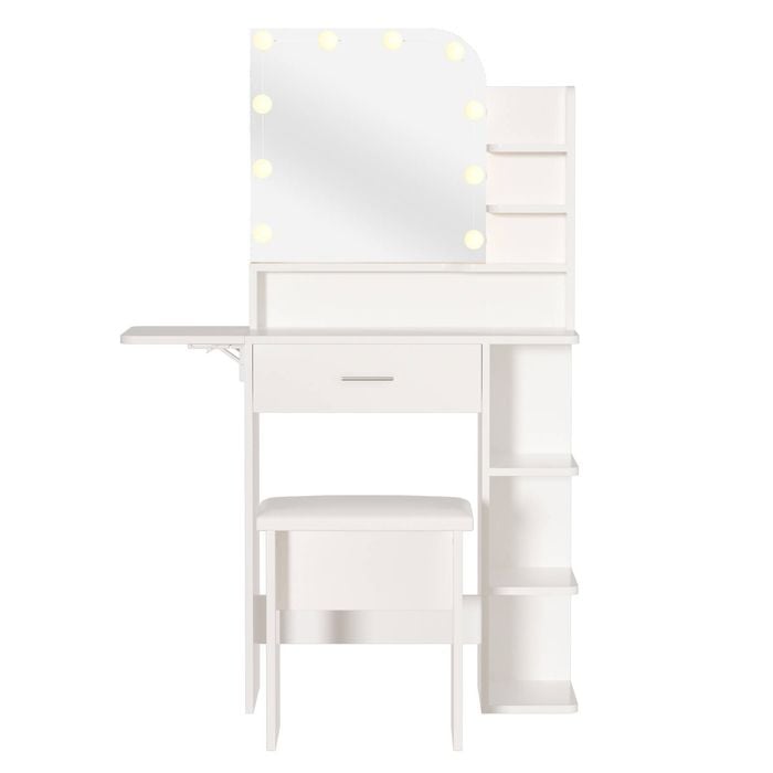 Ufurniture Dressing Table Makeup Vanity Desk Set With Foldable Extendable Desktop 3 Color Lighted Mirror & Soft Stool White