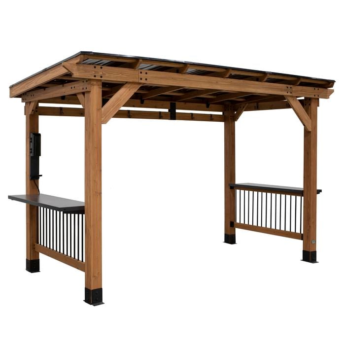 Backyard Discovery Saxony XL 3.7m x 1.8m Cedar Wood Outdoor Barbeque Gazebo with Hardtop Galvanized Steel Roof and Bar Tops