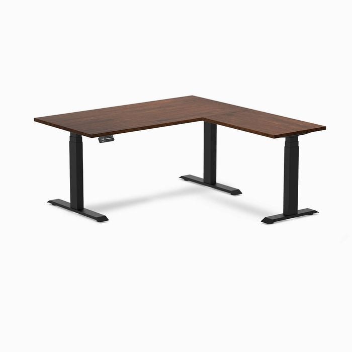 Desky L-shape Sit To Stand Red Walnut Rubberwood Desk 1500x750x1550x500mm Matte Black Leg