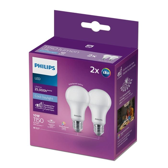 Philips A60 E27 LED 1150Lm Cool Daylight 10W Globe - 2 Pack